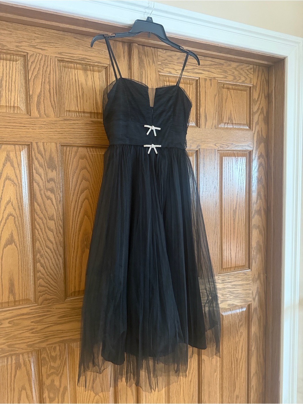 Francesca's Collections Black Tulle Midi Dress with Bow Accents